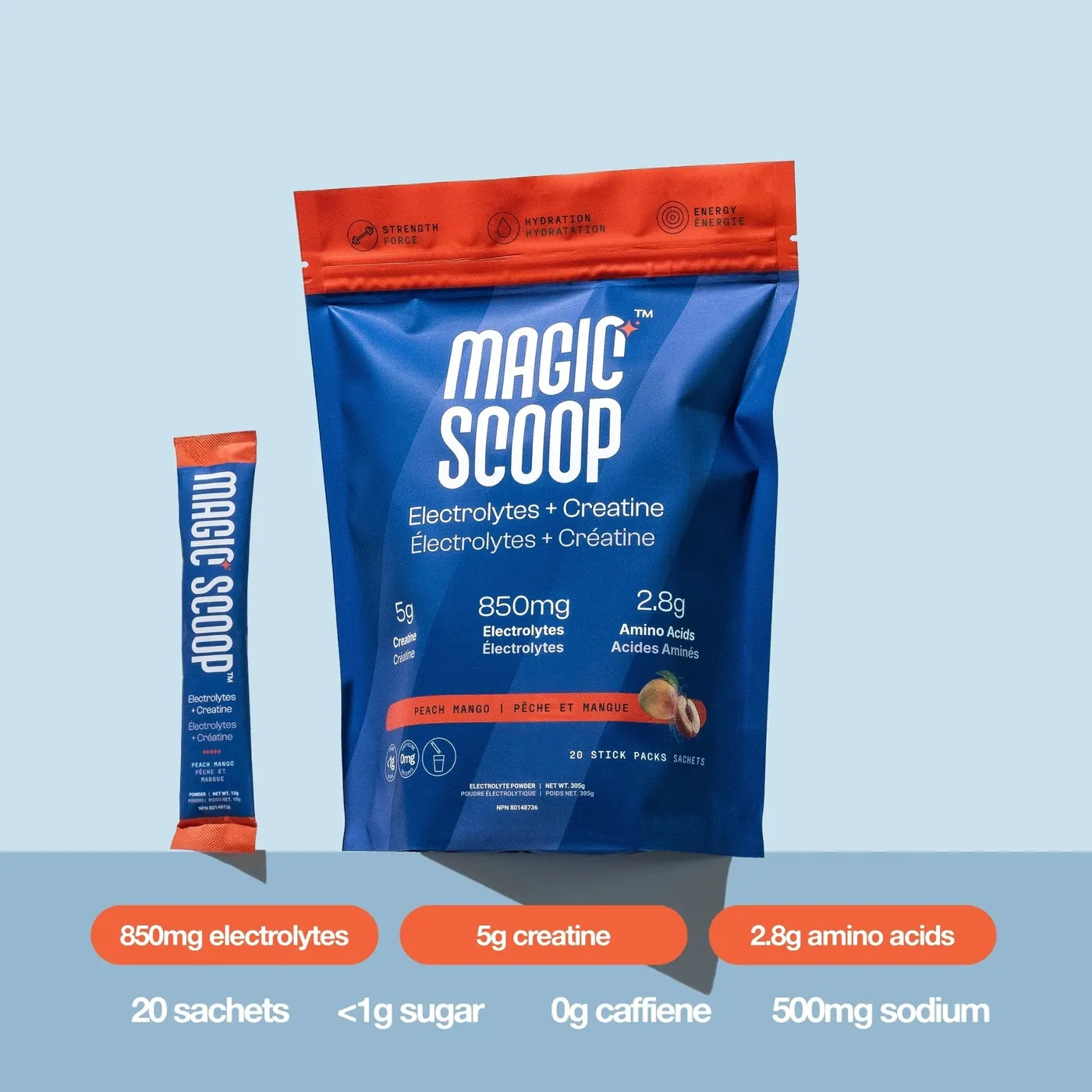 Magic Scoop Electrolytes + Creatine Peach Mango stick packs.