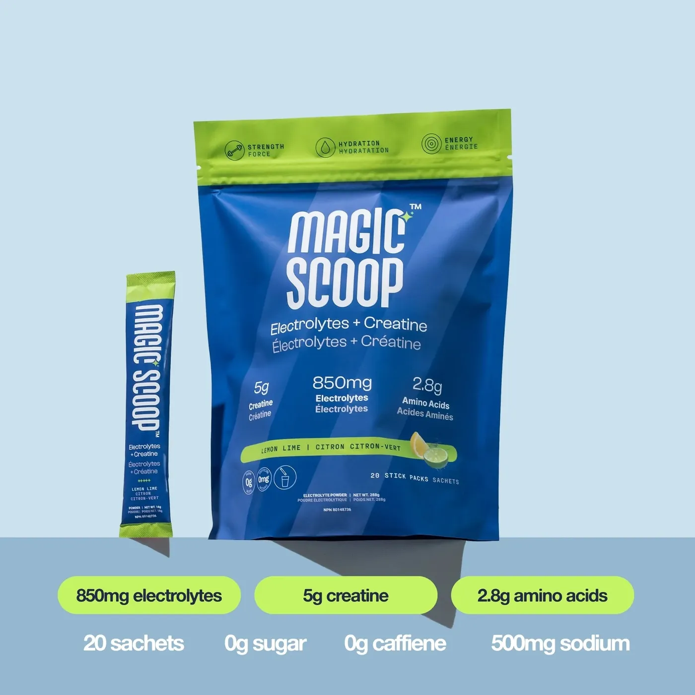 Magic Scoop Electrolytes + Creatine Lemon Lime stick packs.