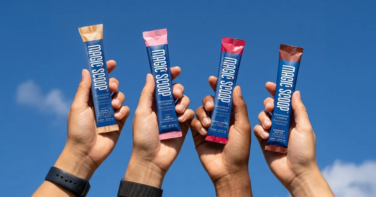 Four raised hands against a blue sky, each holding a Magic Scoop Electrolytes + Creatine stick pack: Orange Creamsicle, Pink Lemonade, Cherry Limeade and Raspberry Iced Tea.